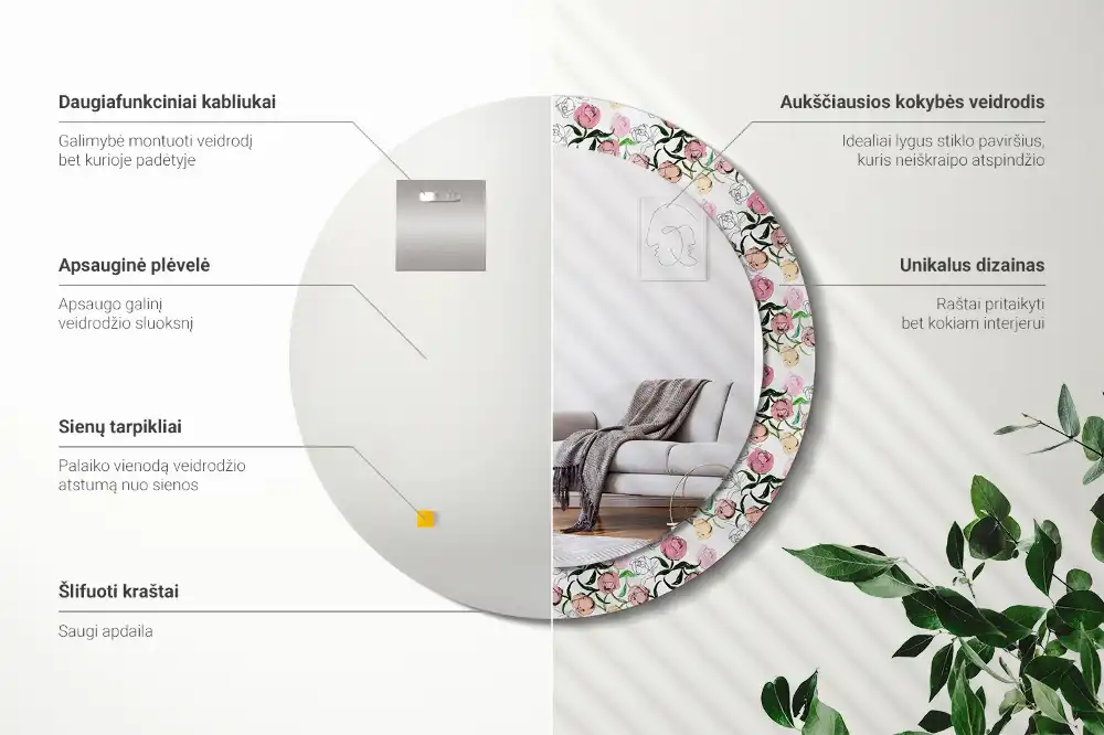 Round wall mirror decor Peony buds