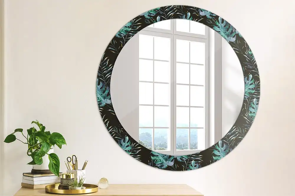Round printed mirror Exotic leaves