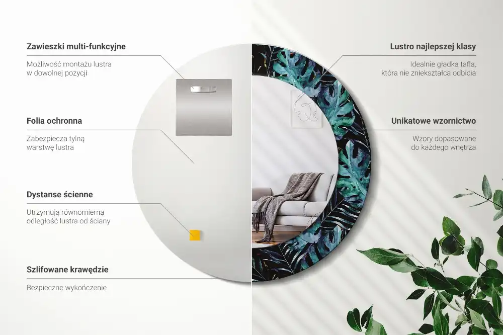 Round printed mirror Exotic leaves