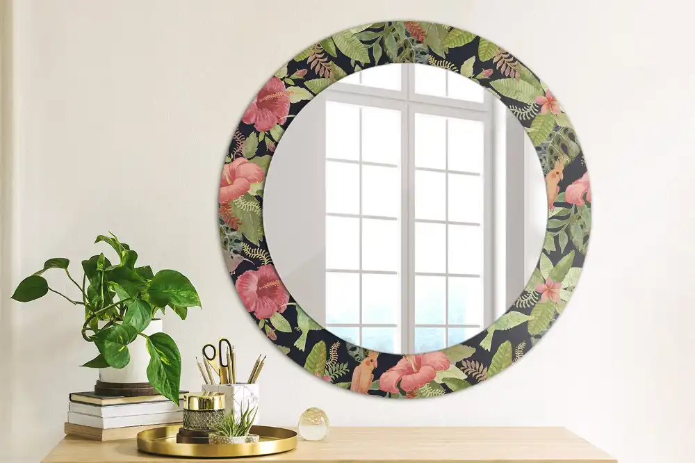 Round printed mirror Hibiscus flowers