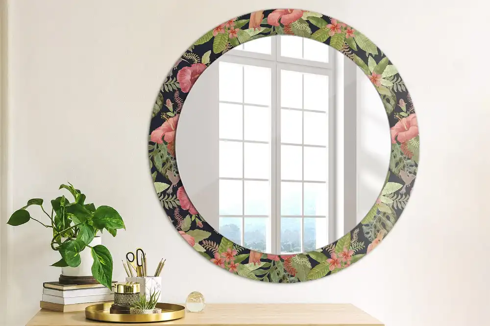 Round printed mirror Hibiscus flowers