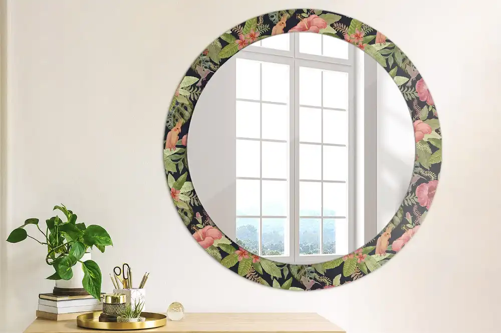 Round printed mirror Hibiscus flowers