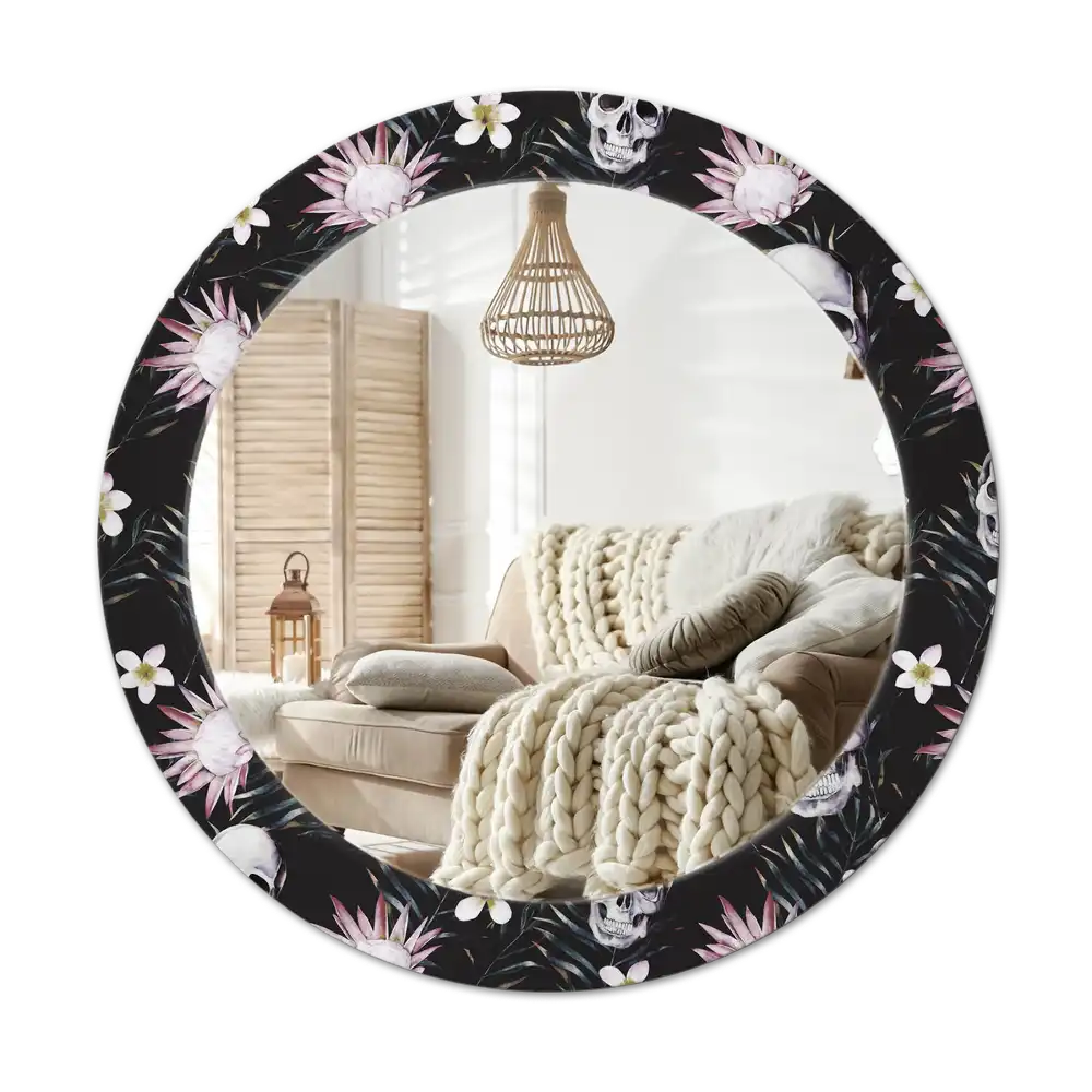 Round decorative mirror Skull Flowers