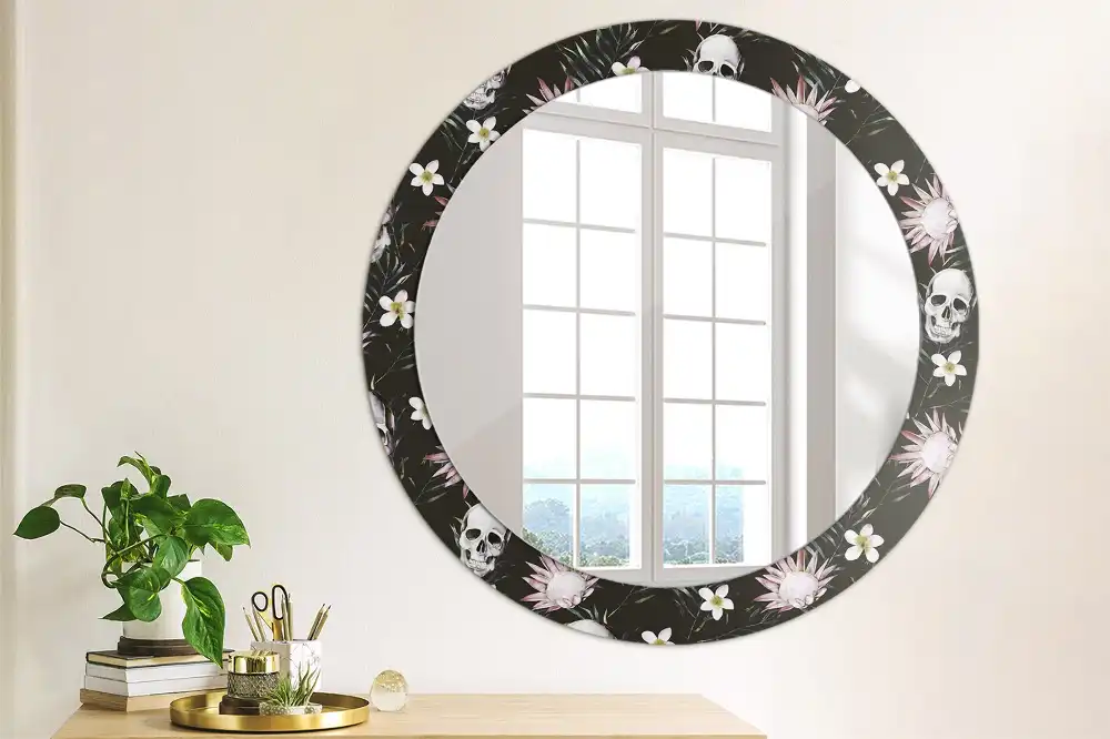 Round decorative mirror Skull Flowers