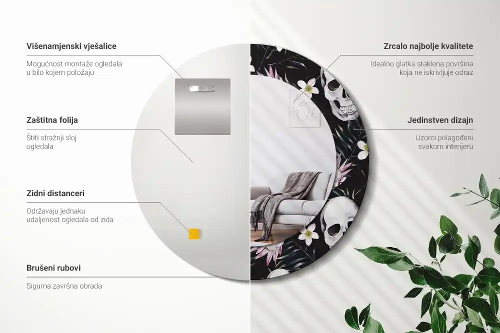 Round decorative mirror Skull Flowers