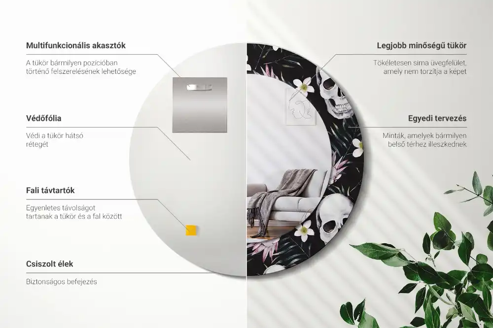 Round decorative mirror Skull Flowers