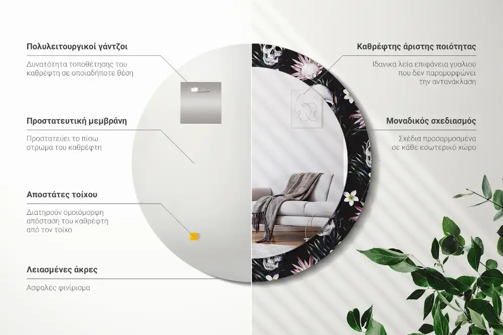 Round decorative mirror Skull Flowers