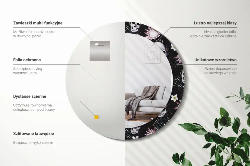 Round decorative mirror Skull Flowers