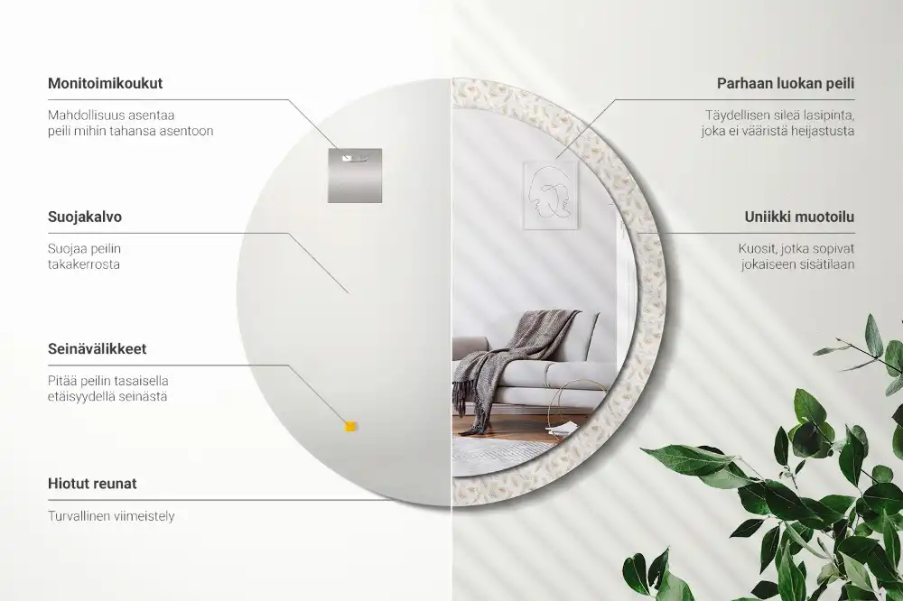 Round printed mirror Bird feathers