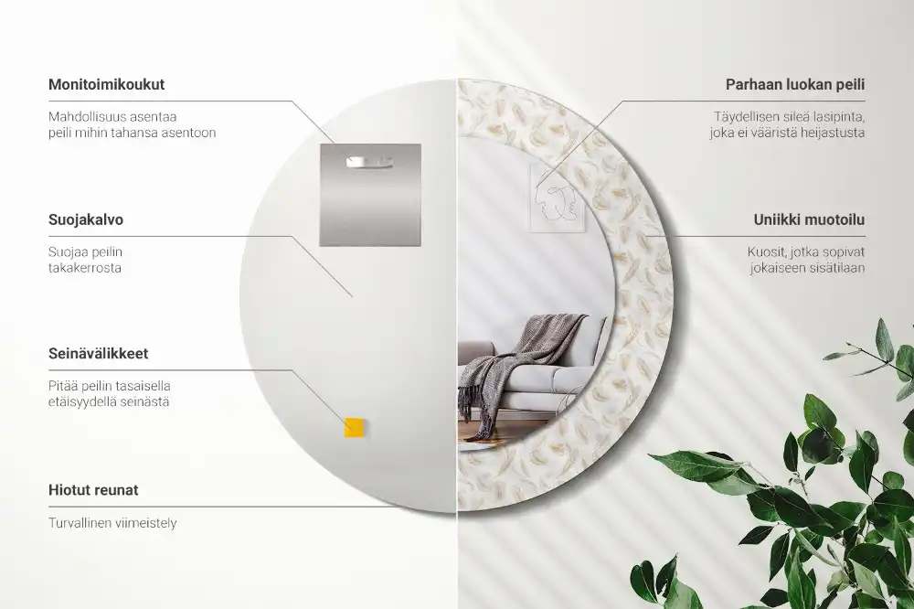 Round printed mirror Bird feathers