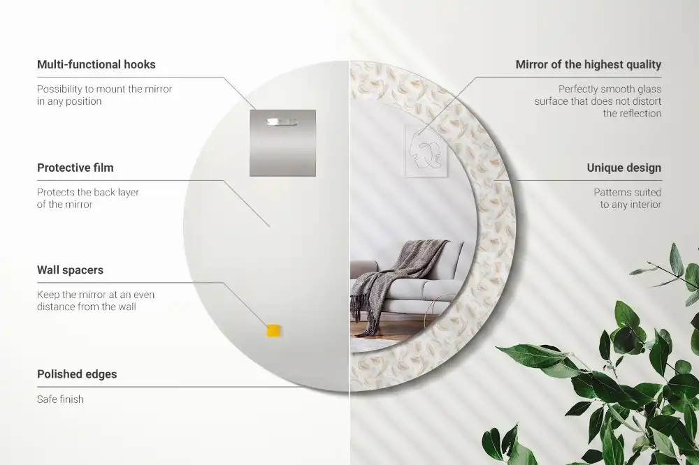 Round printed mirror Bird feathers