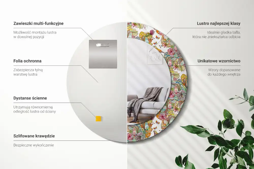 Round mirror frame with print Fairytale flowers