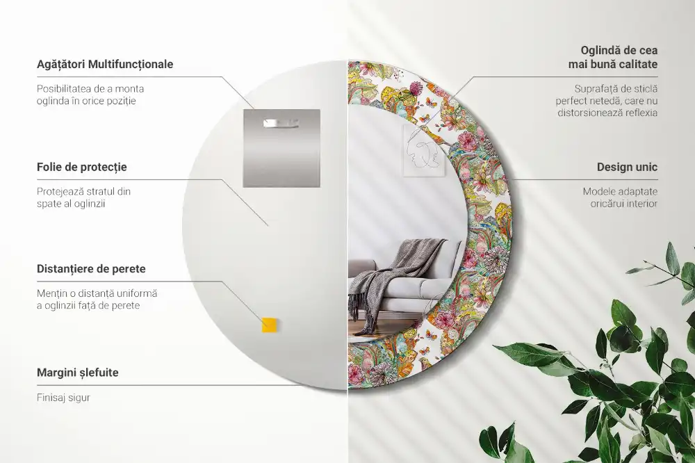 Round mirror frame with print Fairytale flowers