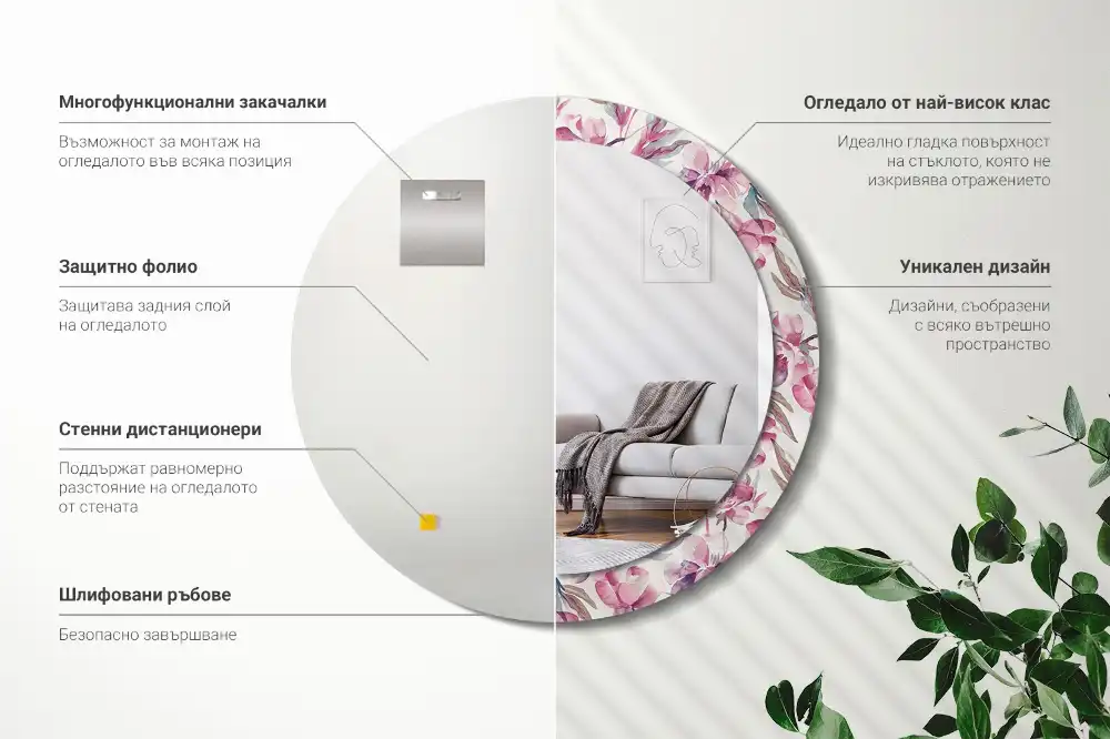 Round decorative mirror Peonies flowers