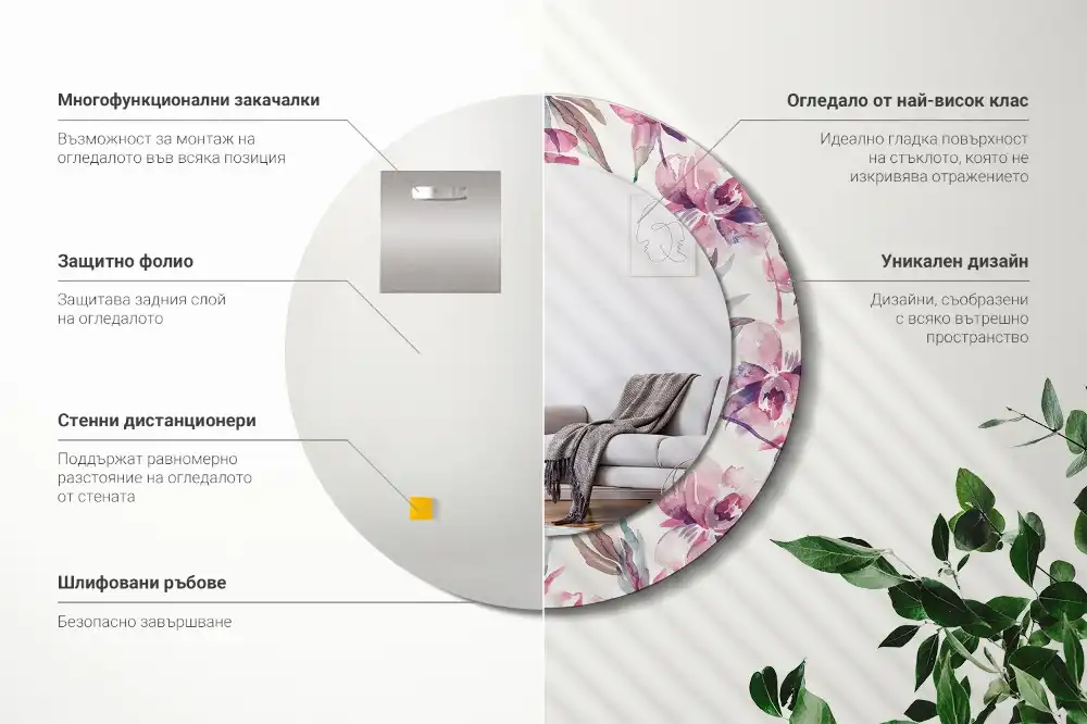 Round decorative mirror Peonies flowers