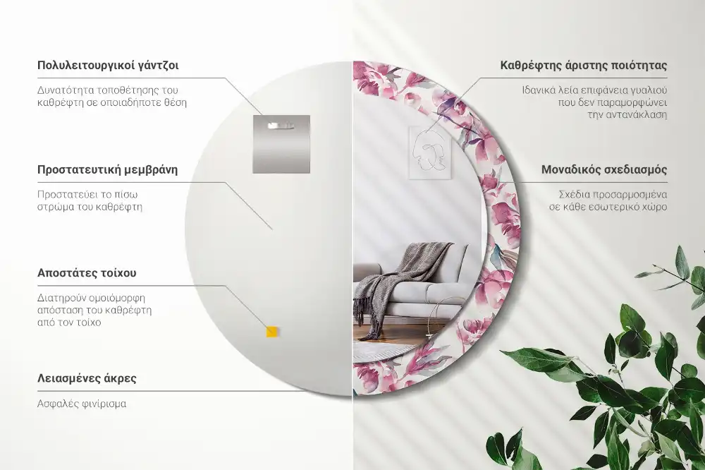 Round decorative mirror Peonies flowers