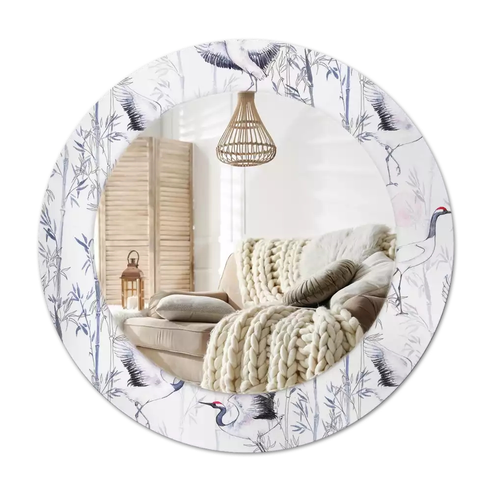 Round mirror frame with print Crane birds
