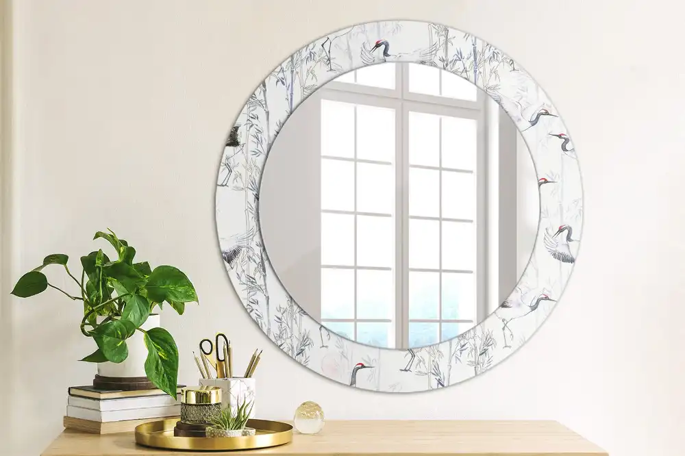 Round mirror frame with print Crane birds