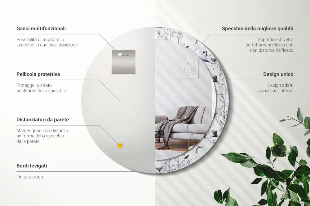 Round mirror frame with print Crane birds