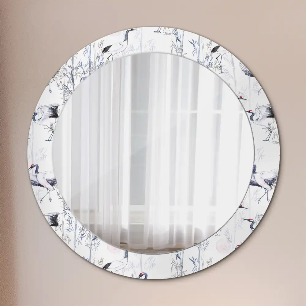 Round mirror frame with print Crane birds