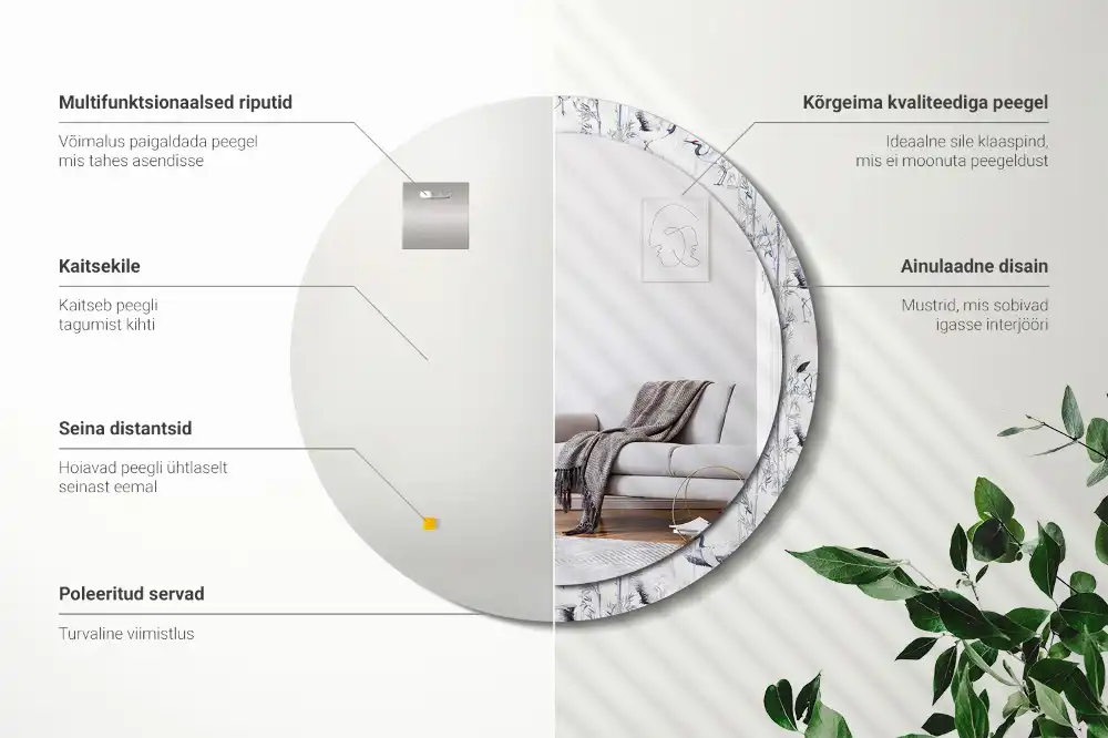 Round mirror frame with print Crane birds