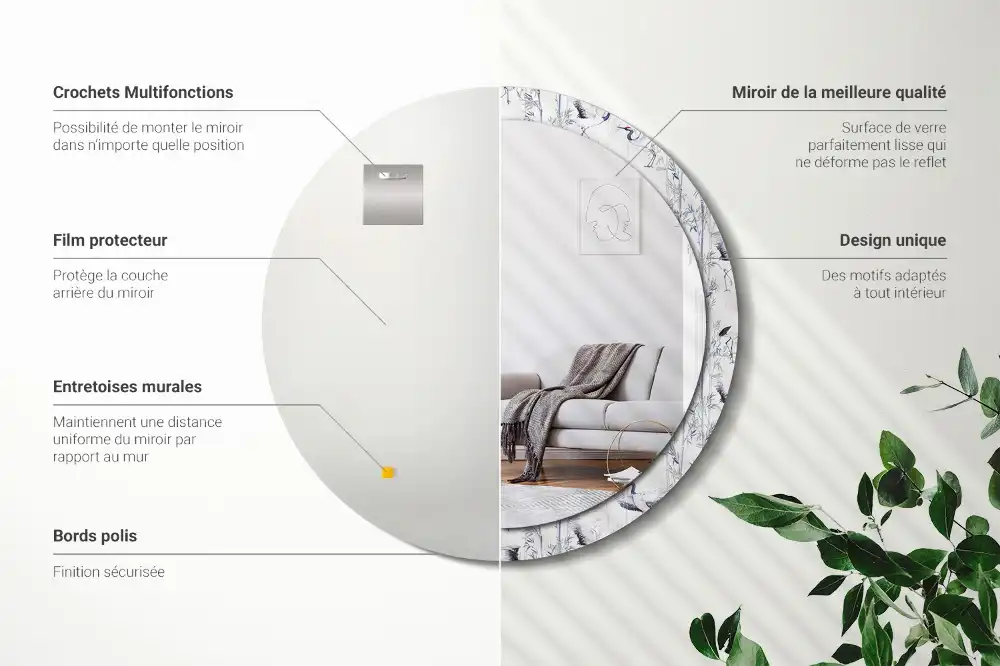 Round mirror frame with print Crane birds