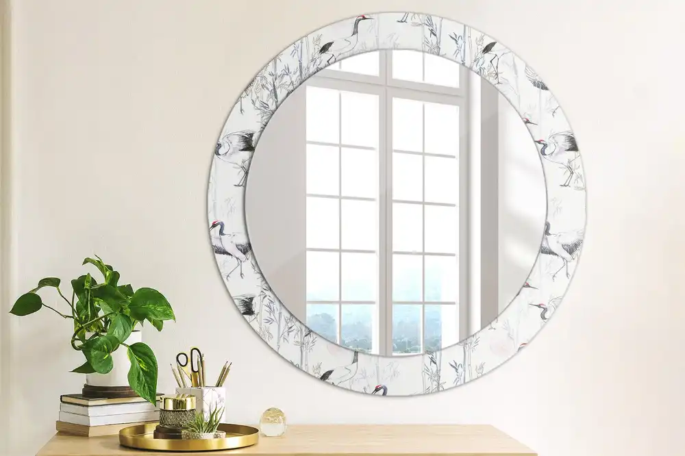 Round mirror frame with print Crane birds