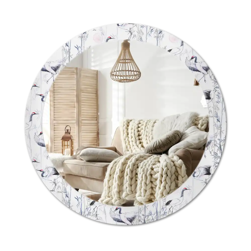 Round mirror frame with print Crane birds