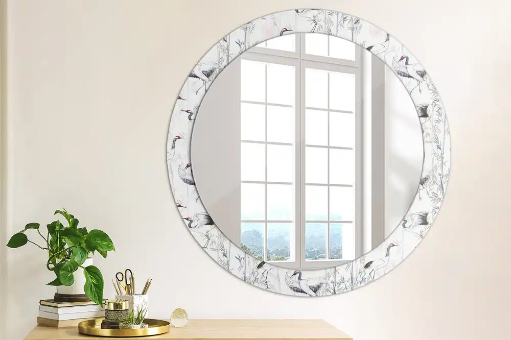Round mirror frame with print Crane birds