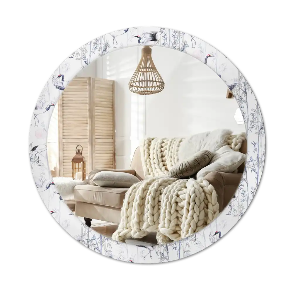 Round mirror frame with print Crane birds