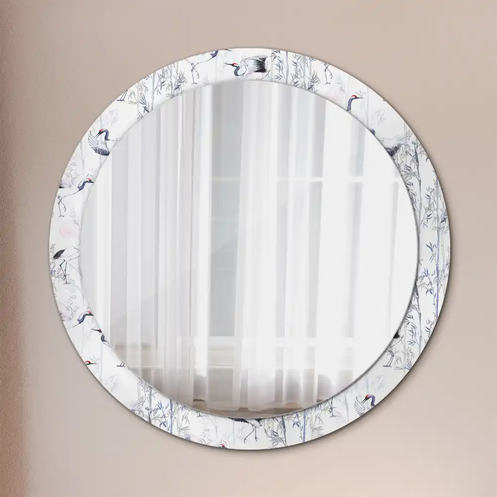 Round mirror frame with print Crane birds