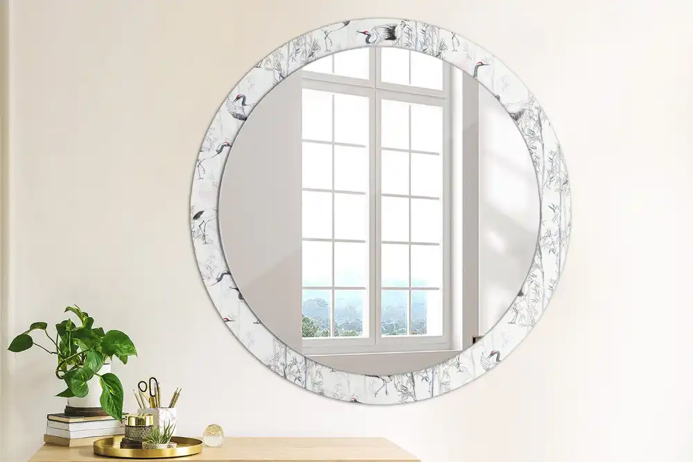Round mirror frame with print Crane birds