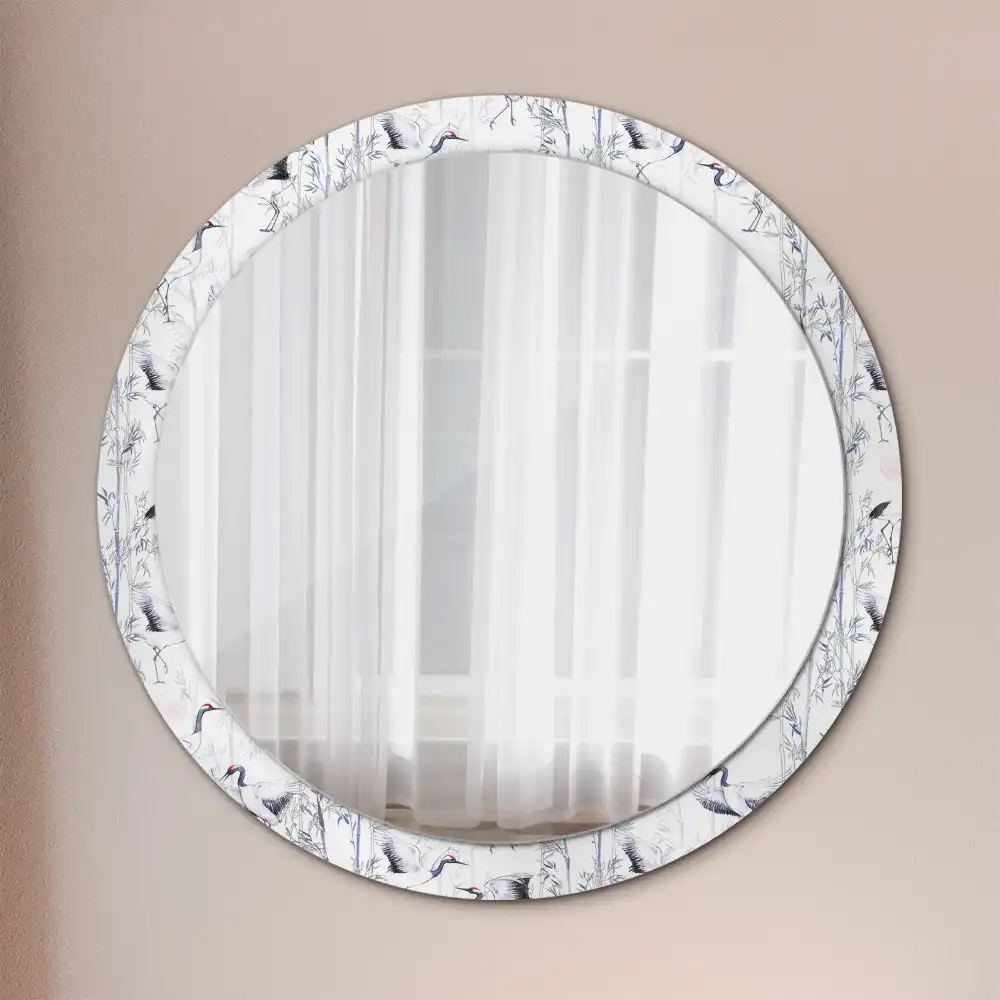 Round mirror frame with print Crane birds