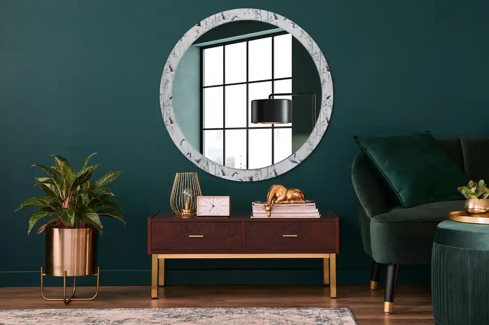 Round mirror frame with print Crane birds