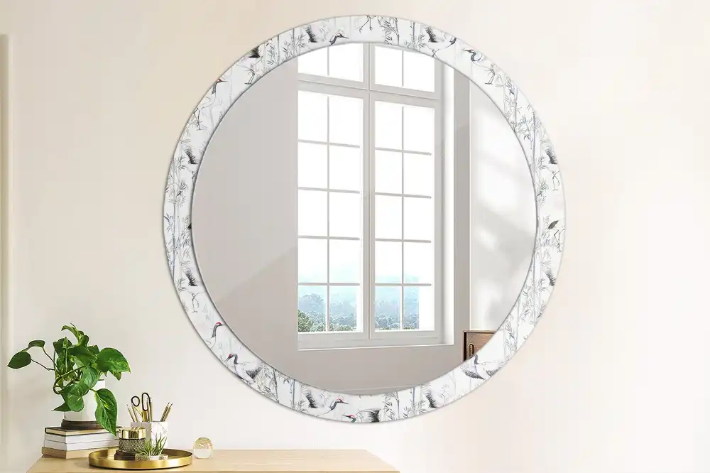 Round mirror frame with print Crane birds