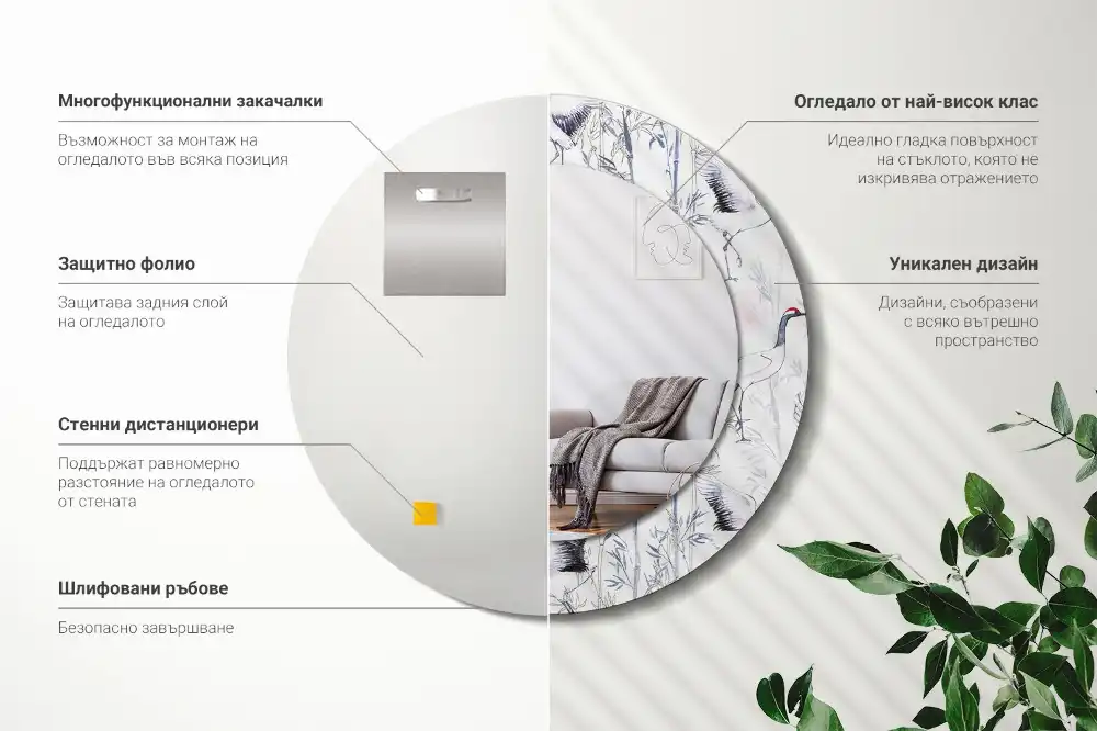 Round mirror frame with print Crane birds