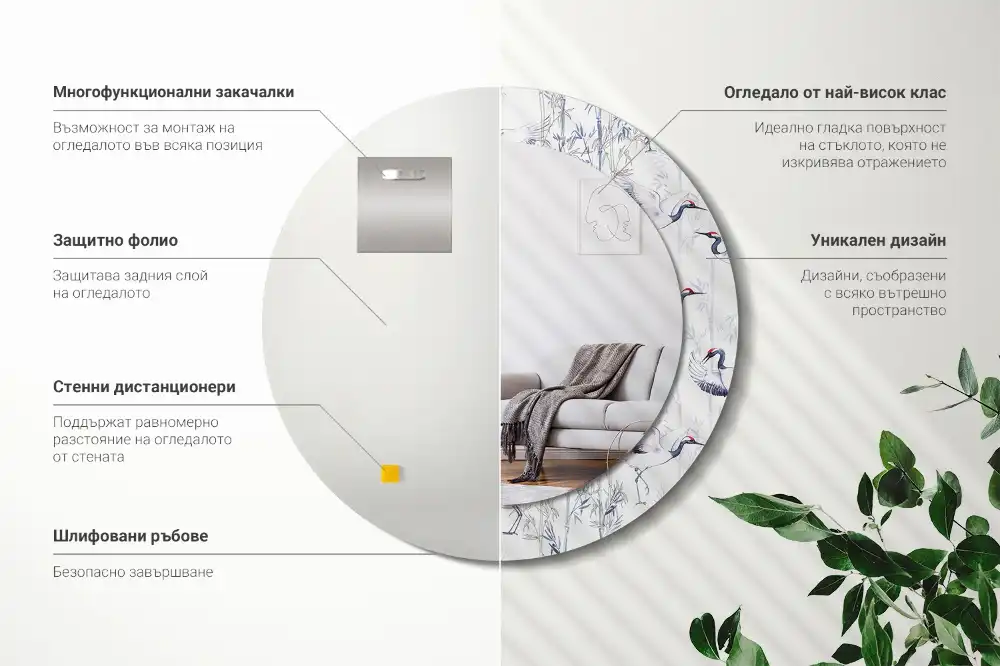 Round mirror frame with print Crane birds