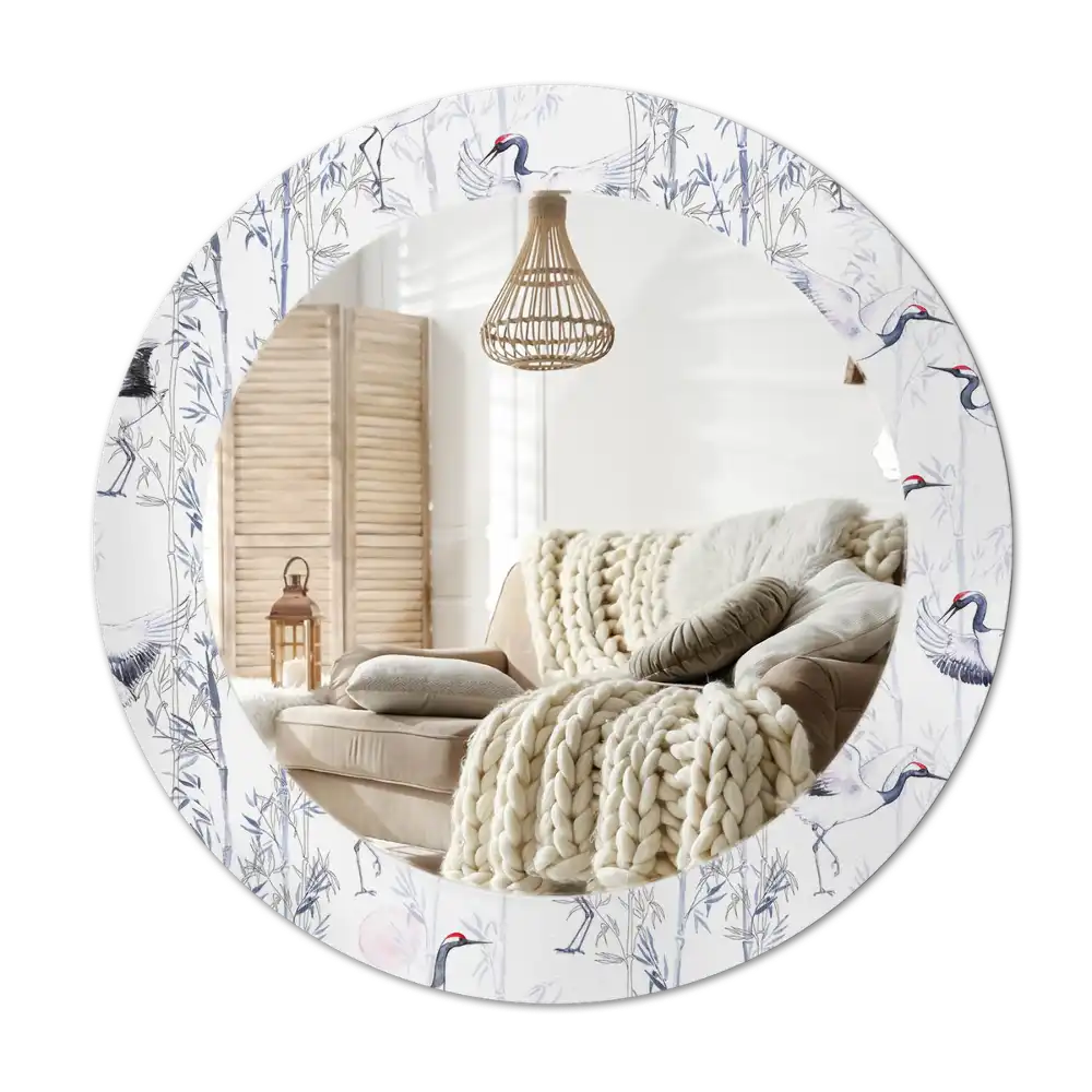 Round mirror frame with print Crane birds