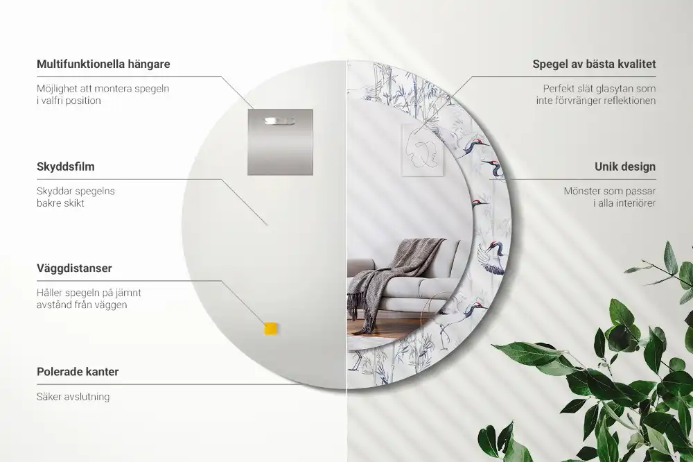 Round mirror frame with print Crane birds