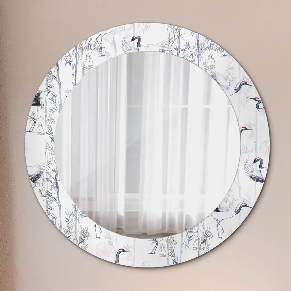 Round mirror frame with print Crane birds