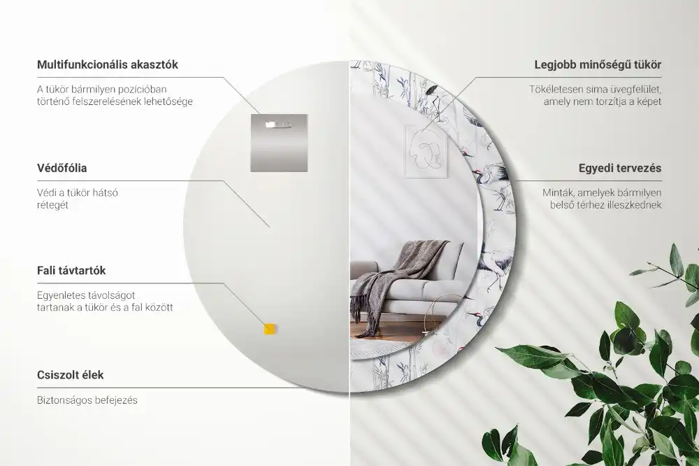 Round mirror frame with print Crane birds