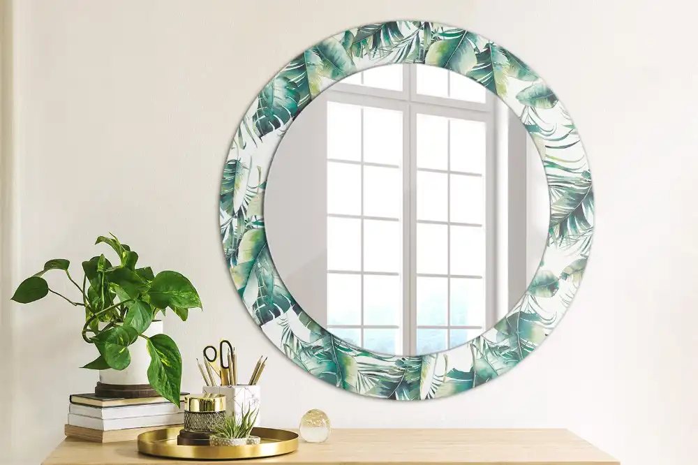 Round mirror frame with print Leaves