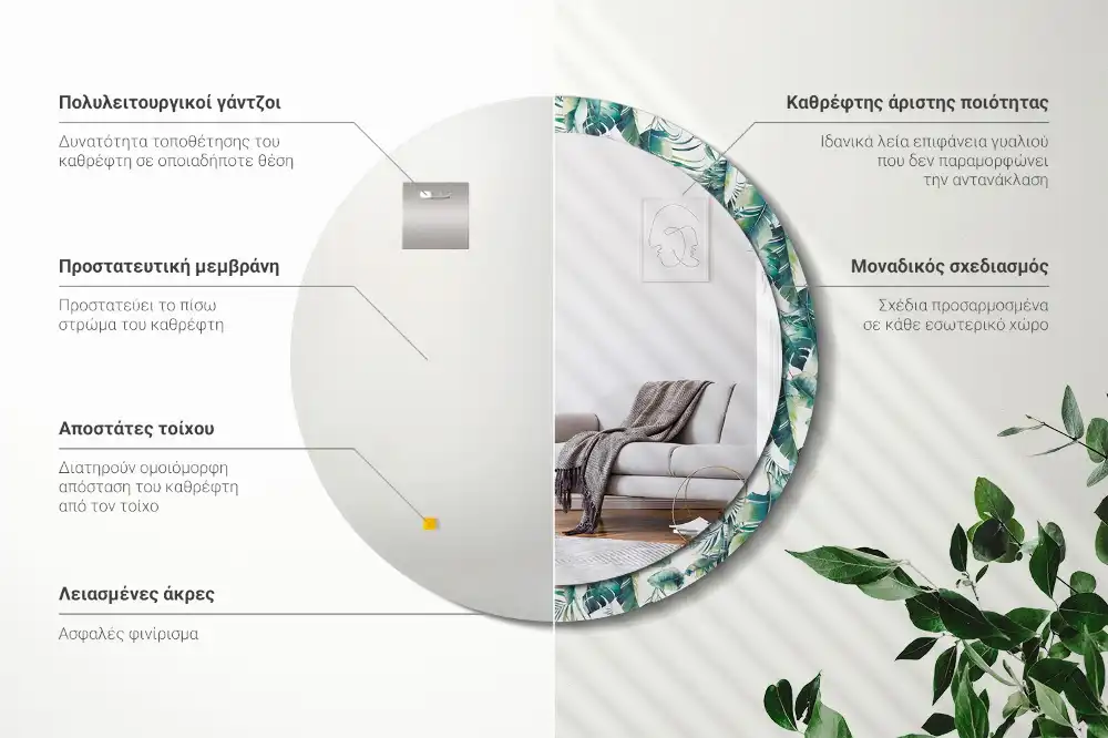 Round mirror frame with print Leaves