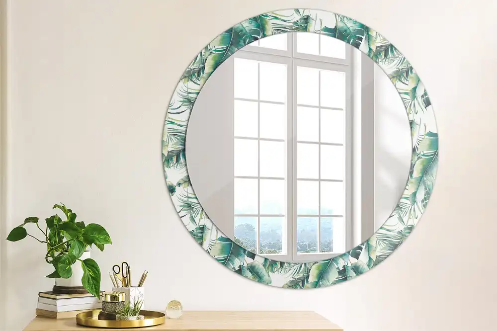 Round mirror frame with print Leaves