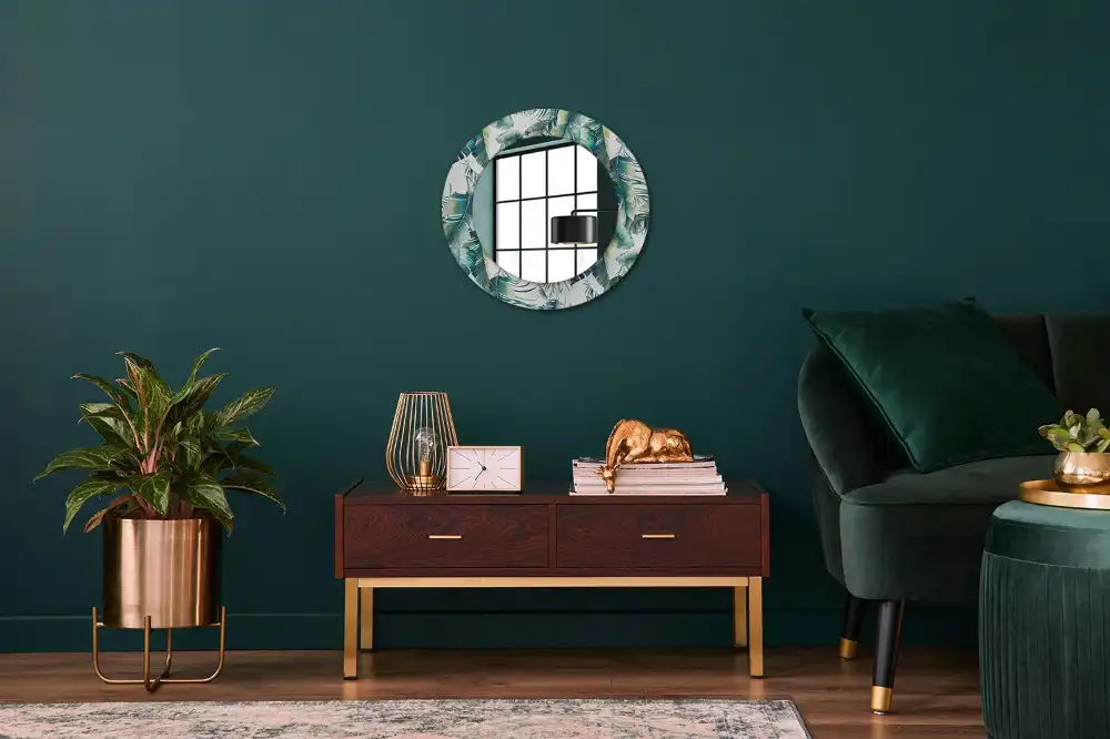 Round mirror frame with print Leaves