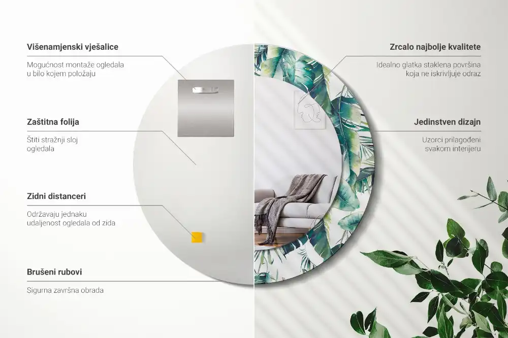 Round mirror frame with print Leaves