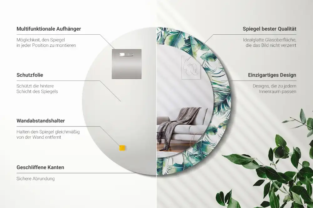 Round mirror frame with print Leaves