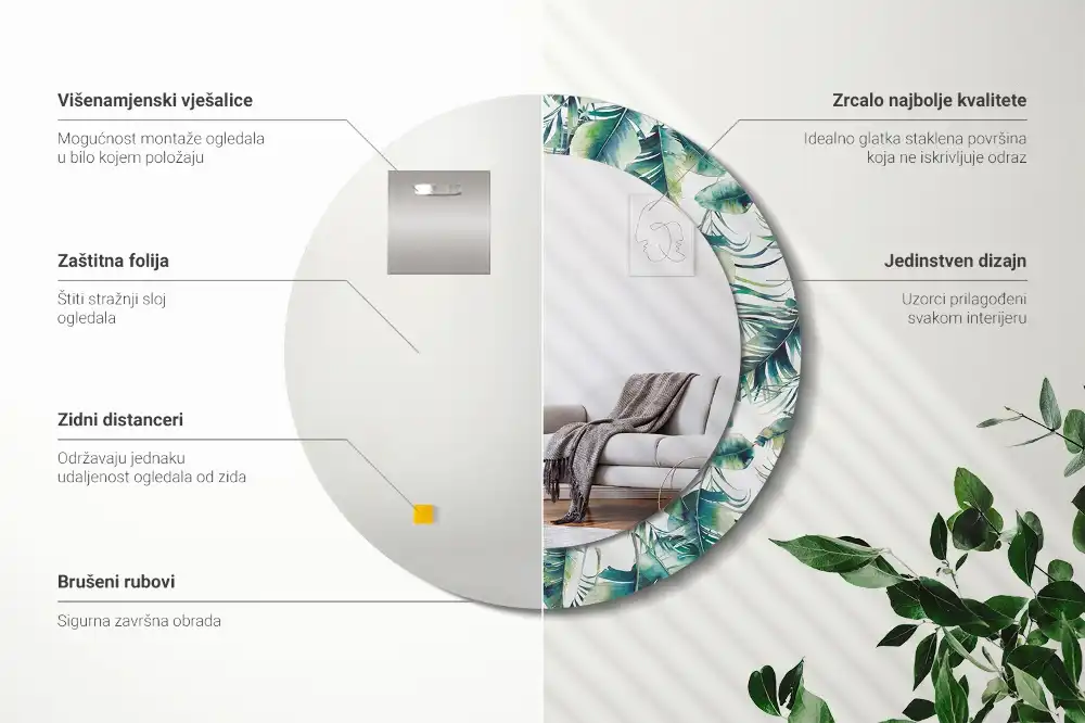 Round mirror frame with print Leaves