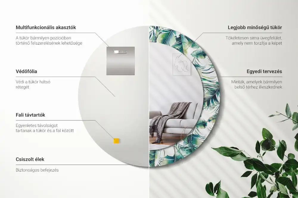 Round mirror frame with print Leaves