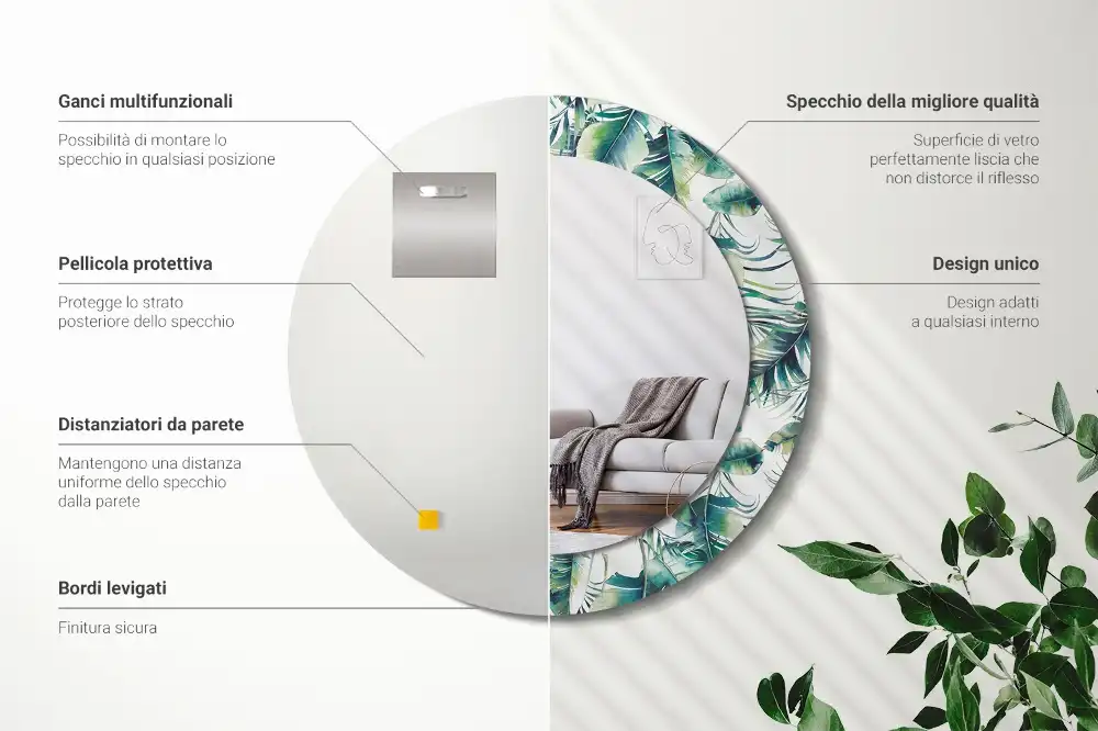 Round mirror frame with print Leaves